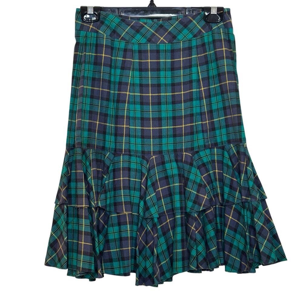 Vtg 1980's Green Plaid 100% Cotton LizSport Ruffled Hem Mini Skirt Size 6